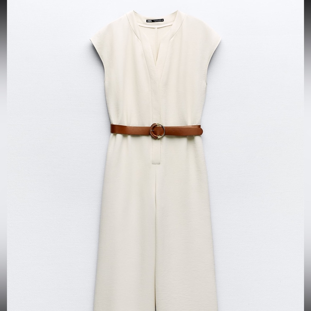 Zara Cream Jumpsuit with Brown Belt